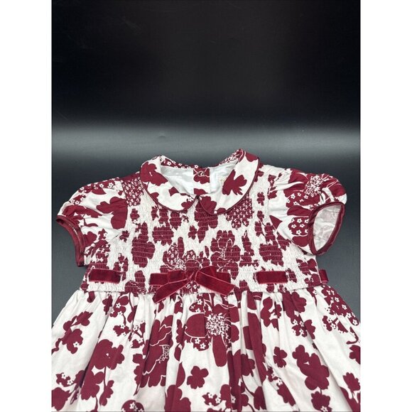 Trish Scully Child Burgundy Floral Velvet Bow/Trim Smocked Lined Dress Sz 5 - Picture 2 of 10